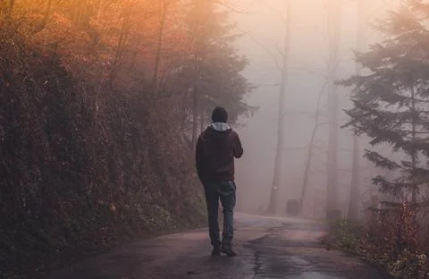 Man walking alone on a road through a foggy forest Stock Photos