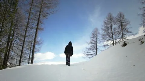 Man walking alone in the snow Stock Footage 18516729
