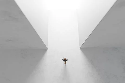 Man walking alone into a vast gate of light symbolizing the future of Stock-Illustration