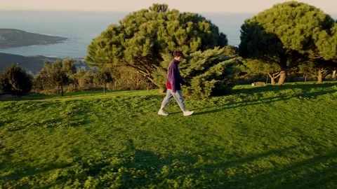 Man Walking Alone On The Verdant Landscape Overlooking. Tracking Shot Stock Footage 243818267