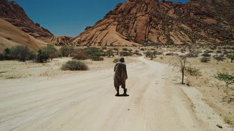 Man Walking Along Dirt Road in African Rocky Desert Stock Footage 301368959