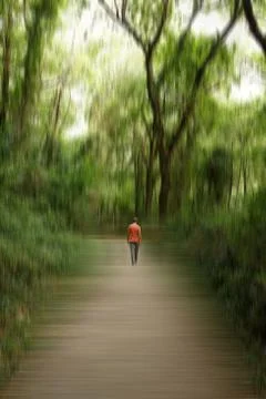 Man walking along a path surrounded by trees in the middle of a forest Stock Photos