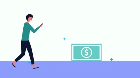 Man walking and checking smartphone while money signs pop up in digital bus.. Video stock 339086069