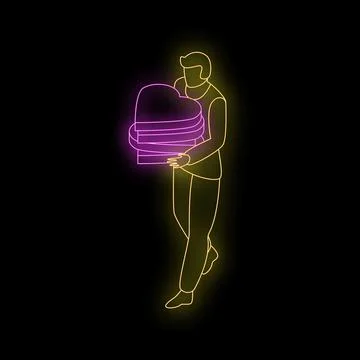 Man walking and holding stack of heart shaped gift boxes neon sign Illustrazione stock