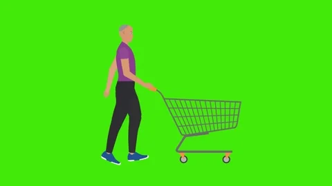 Man walking and pushing shopping cart, on green screen, cartoon flat animation Vídeo Stock 271542441