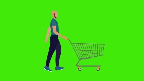 Man walking and pushing shopping cart, on green screen, cartoon flat animation Vídeo Stock 271542442