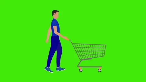Man walking and pushing shopping cart, on green screen, cartoon flat animation Vídeo Stock 271542448