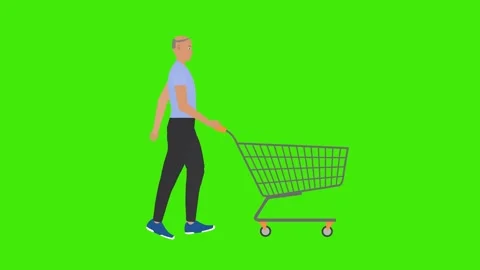 Man walking and pushing shopping cart, on green screen, cartoon flat animation Vídeo Stock 271542457