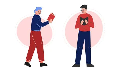 Man Walking and Reading Interesting Book Vector Set Ilustración de archivo