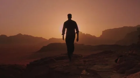 Man walking and stand in a red sunset in Wadi Rum, Jordan desert Stock Footage 308327596