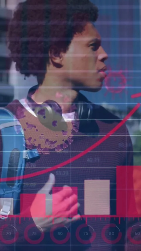 Man walking and tapping smartwatch, activating tech HUD with bars and red arrow, Stock Footage 331199308