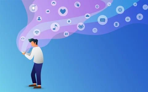 Man walking and text on mobile phone. man looking at smartphone. Icons notifi Stock Illustration