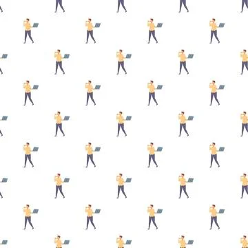 Man walking and working with laptop seamless pattern Stock Illustration