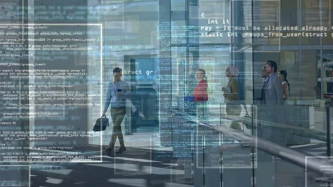 Man walking atrium, glancing at phone and activating code UI panels growing over Stock Footage 335762232