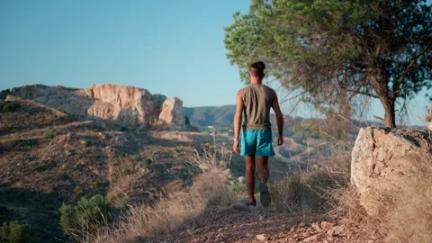 Man walking away on dusty mountain trail at golden hour, exploring vast ari.. Stock Footage 340995613