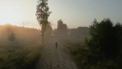 Man walking away on a path in a misty morning landscape Stock Footage 293158648
