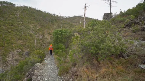 Man walking with backpack in the Cinque Terre natural park, Liguria, Italy Stock Footage 123415020