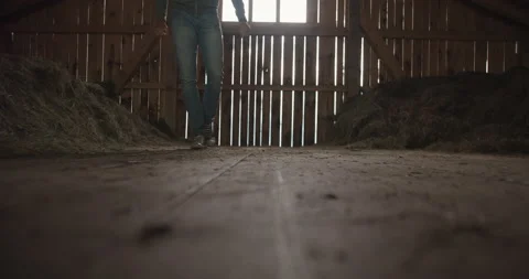 Man walking in a barn with hay Video stock 230246739