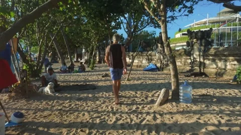 Man walking on the beach between trees Stock Footage 154449126