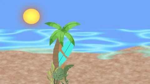 Man walking on the beach with surfboard on the hand, 2d Flat animation Stock Footage 276415138