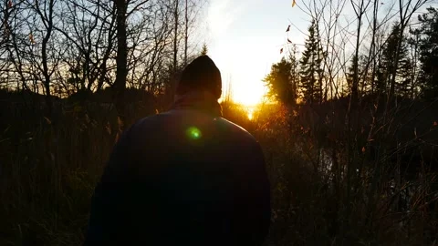 Man walking in Beautiful Sunset surrounded by Shiny Reed, Autumn Forest Vídeo Stock 135927182