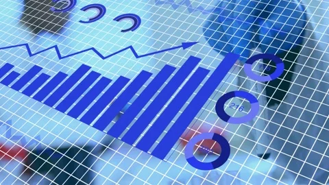 Man walking behind grid, pointer popping and animating charts, binary digits Stock Footage 332614083