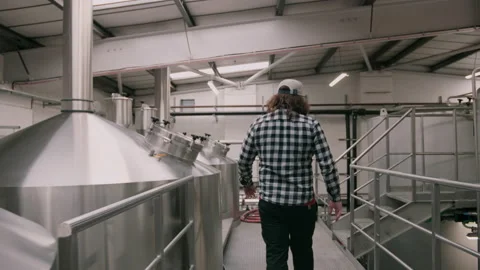Man walking between beer tanks in brewery Stock Footage 131243442