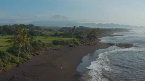 Man Walking Black Sand Beach 1 Stock Footage 168396716