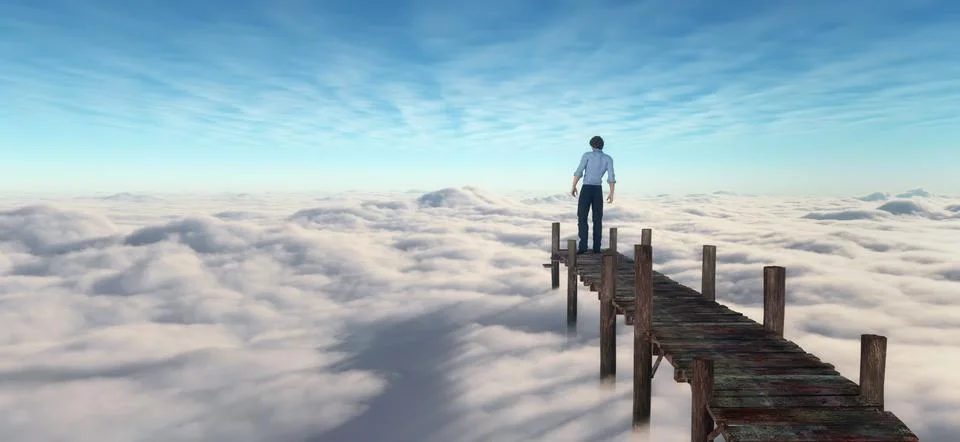 Man walking on a bridge placed over clouds to heaven. Illustrazione stock