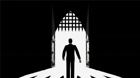 Man walking to bright gate Stock Footage 839381