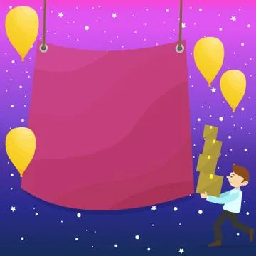 Man Walking Carrying Pile of Boxes and Scattered Yellow Balloons. Blank Color Stock Illustration