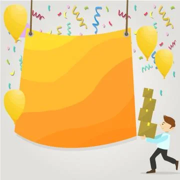 Man Walking Carrying Pile of Boxes and Scattered Yellow Balloons. Blank Color Stock Illustration