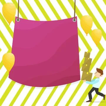Man Walking Carrying Pile of Boxes and Scattered Yellow Balloons. Blank Color Stock Illustration