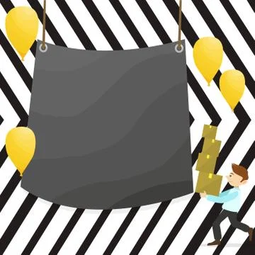Man Walking Carrying Pile of Boxes and Scattered Yellow Balloons. Blank Color Stock Illustration