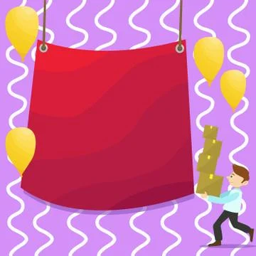 Man Walking Carrying Pile of Boxes and Scattered Yellow Balloons. Blank Color Stock Illustration