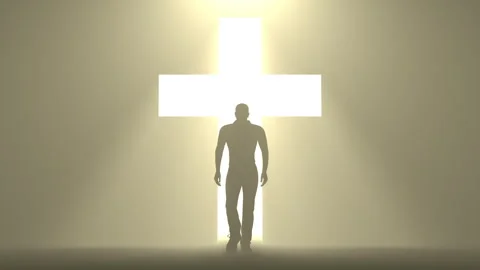 Man walking to the cross light – 3d render looped background. Stock Footage 320457230