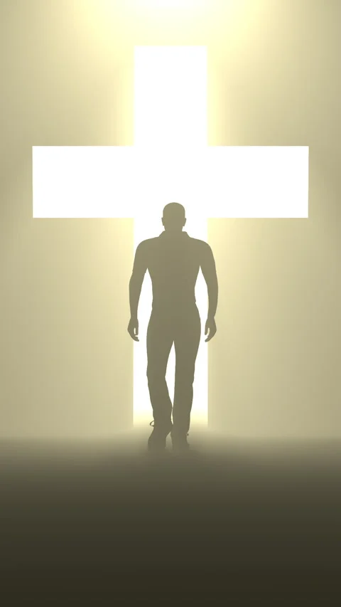 Man walking to the cross light – 3d render looped background. Stock Footage 320457236