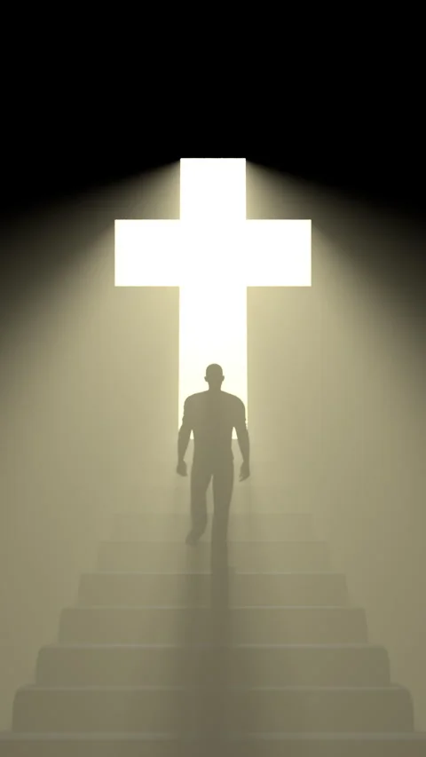 Man walking to the cross light – 3d render looped background. Stock Footage 320473953
