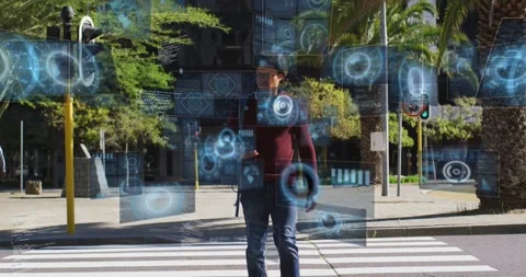 Man walking crosswalk, tech UI appearing and intensifying, slowing, checking Stock Footage 333830469