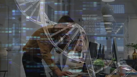 Man walking to desk, leaning and guiding while team observing and reviewing DNA Stock Footage 333903111