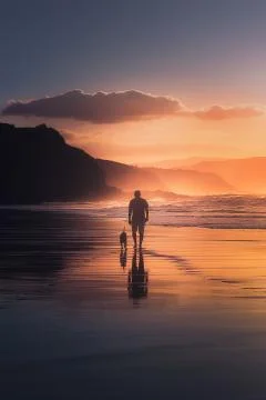 Man walking the dog on beach Stock Photos