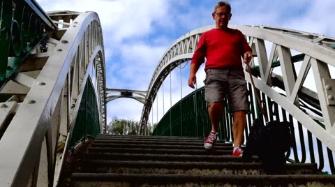 Man walking dog over a bridge Stock Footage 44540527