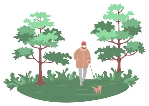 Man Walking Dog in Park, Nature of Forest Vector Ilustración de archivo