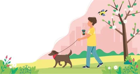 Man walking dog in spring. Cute vector illustration in flat style. Stock Illustration