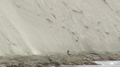 Man walking dog under cliffs Stock Footage 22391750