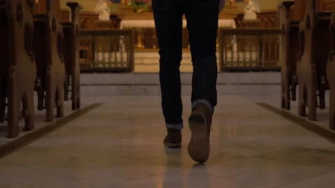 Man Walking Down Center Aisle of Church Stock Footage 208730826