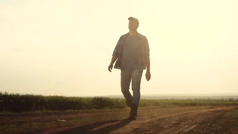 Man walking down dirt road. Silhouette of farmer walking in a field. Farmer Stock Footage 316467710