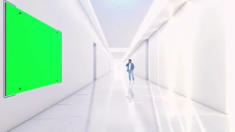 A man walking down a hallway with a green screen on the wall Stock Footage 264725822