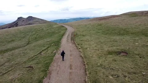 Man walking down the mountain in solitude with his dogs 動画素材 242198442