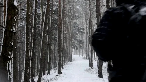 Man walking down the road in a snowy forest. Stock Footage 71552216